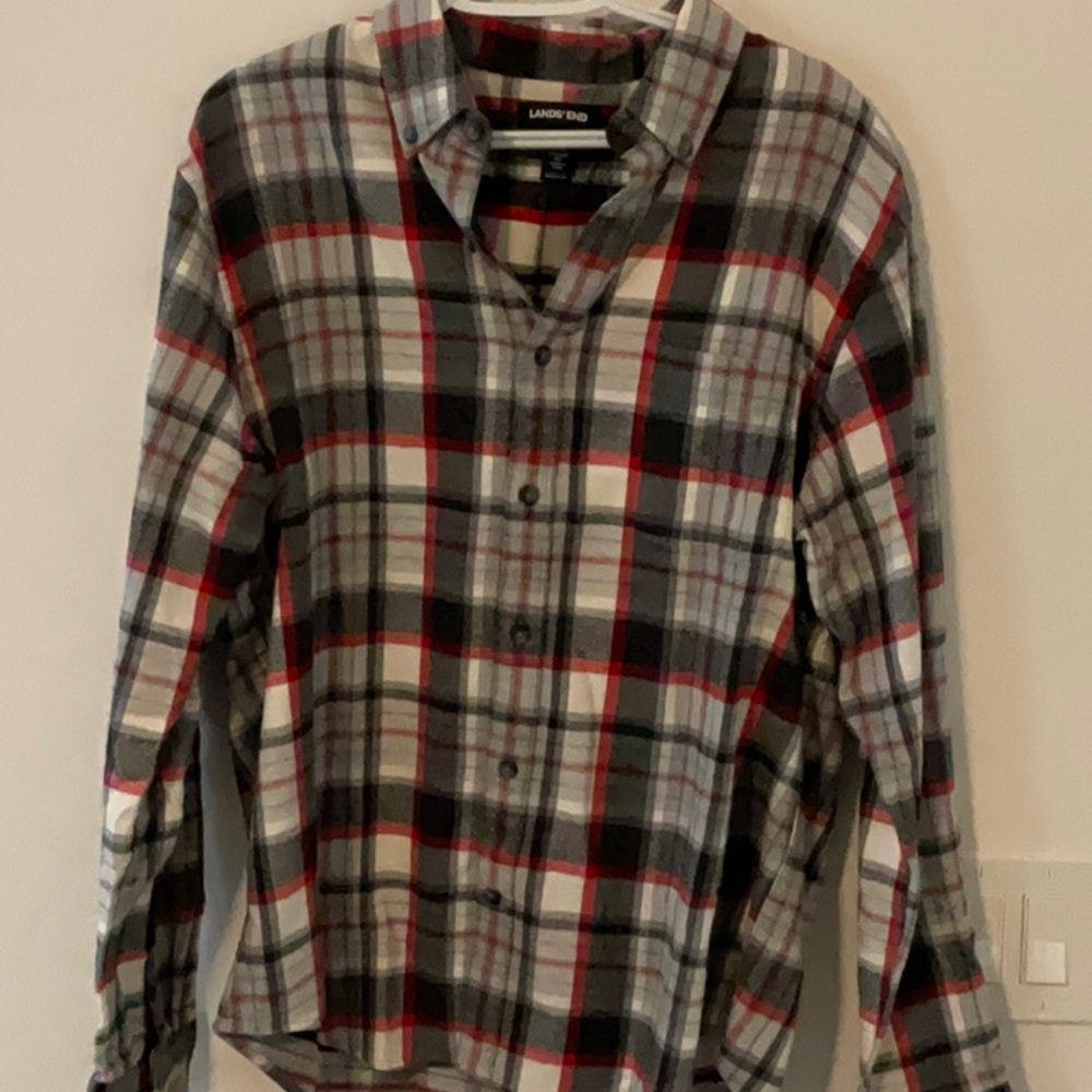 Lands' End Casual Button Down Shirt Red and Gray
